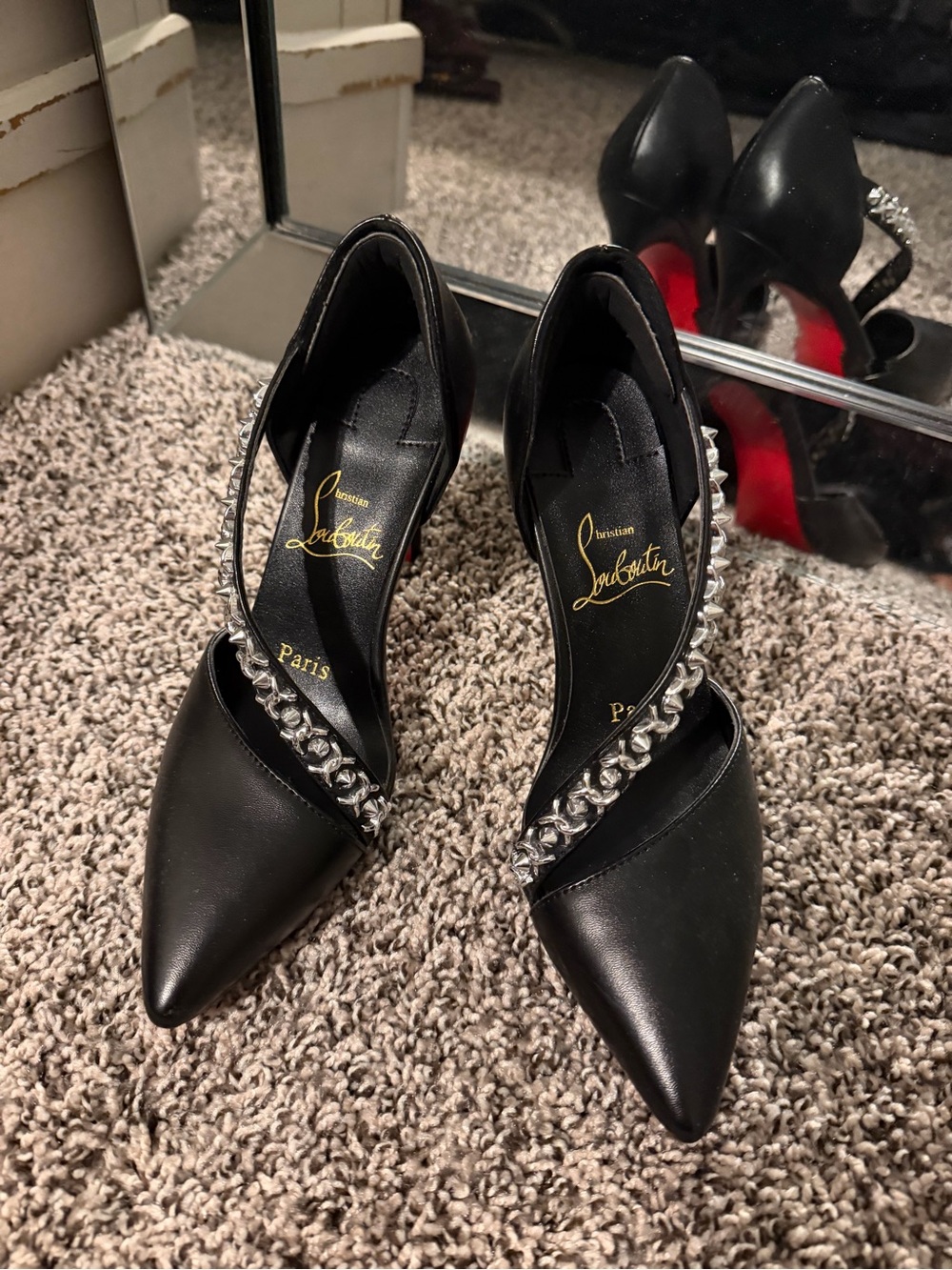 Christian Louboutin Black Leather Pointed D'Orsay Pumps with Crystal Chain Strap